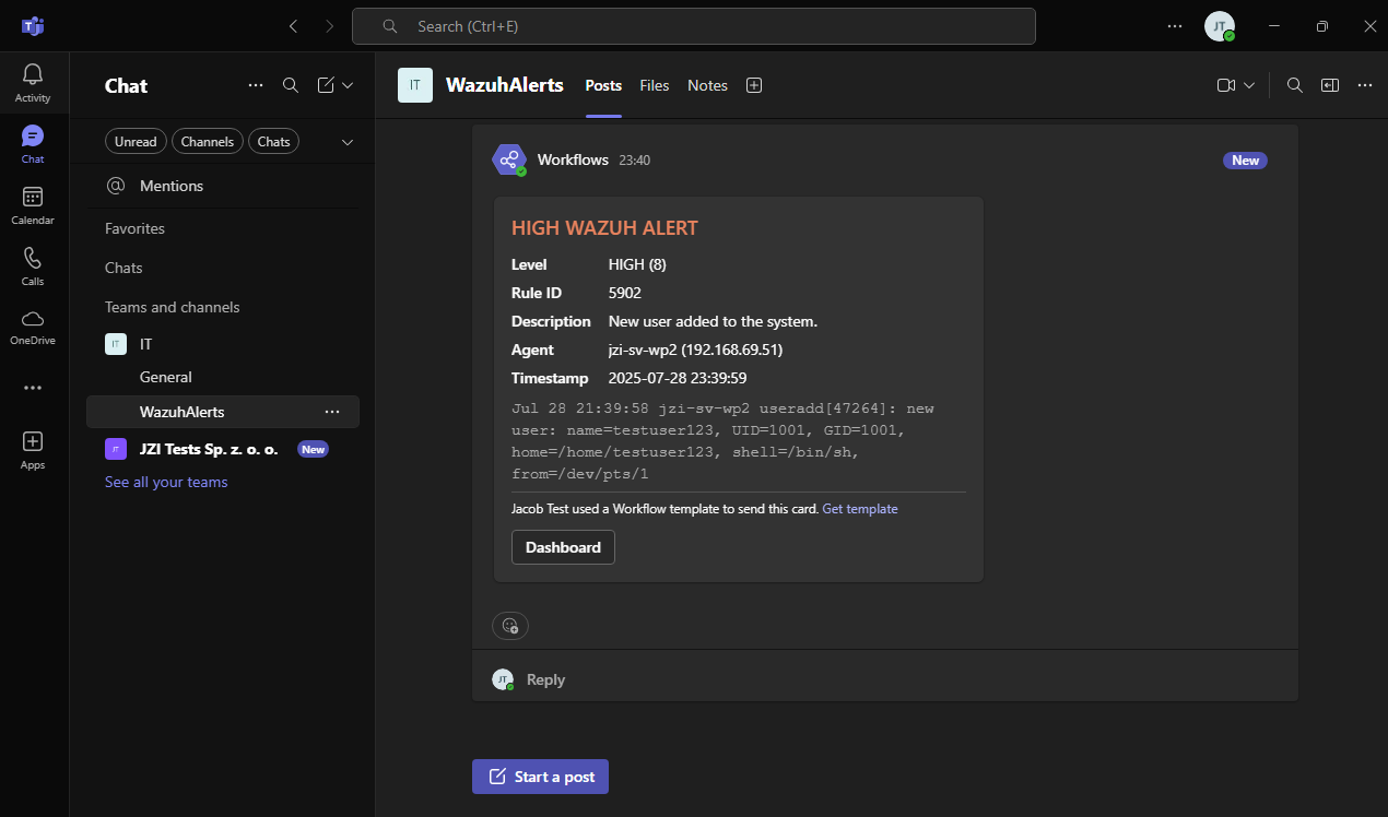 Teams notification for rule 5902 Rule 5092 Alert Teams Output