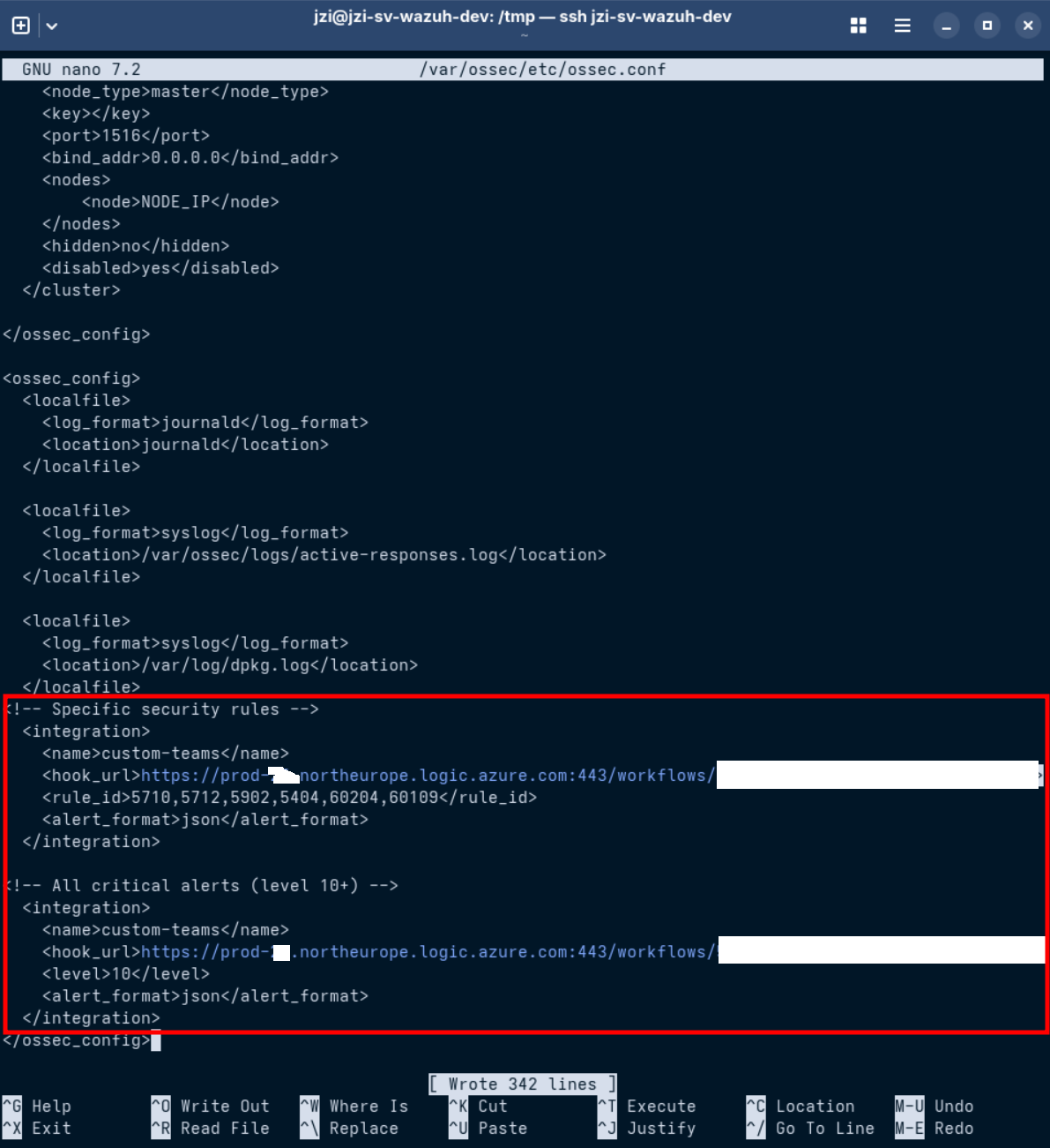 Editing ossec.conf for the integration Change ossec.conf file