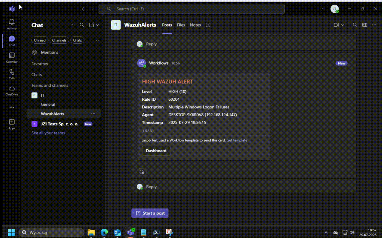 Demonstration of clicking dashboard link in Teams Rule 60204 Teams Output & Click