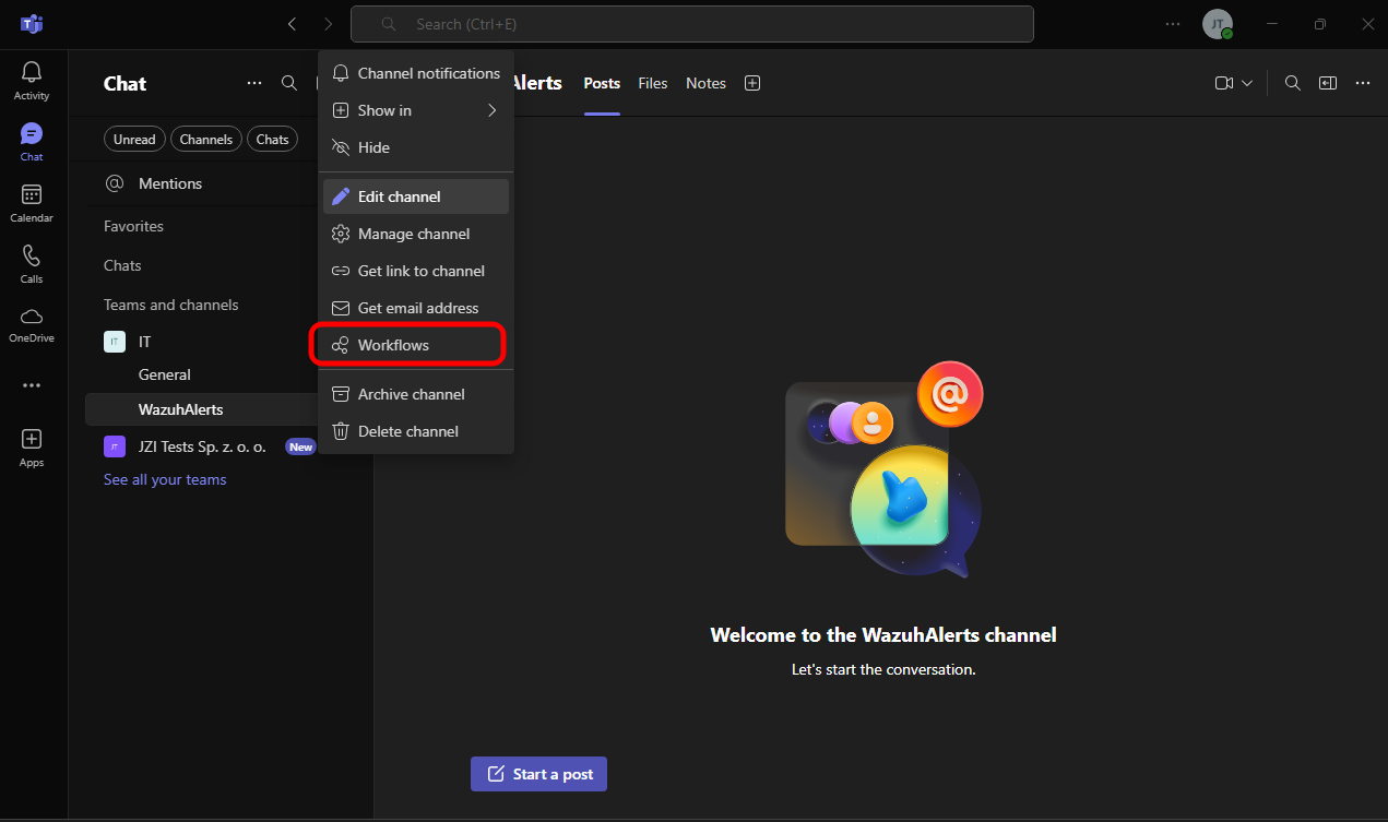 Adding a workflow in Teams Teams Step 2