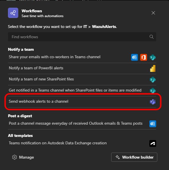 Selecting webhook alert workflow Teams Step 3