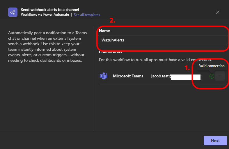 Configuring workflow connection Teams Step 4