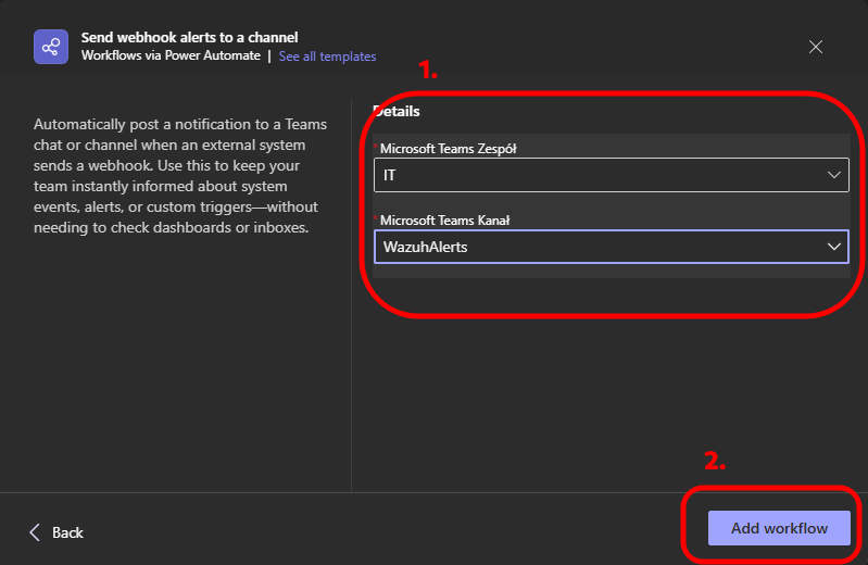 Finalizing workflow setup Teams Step 5