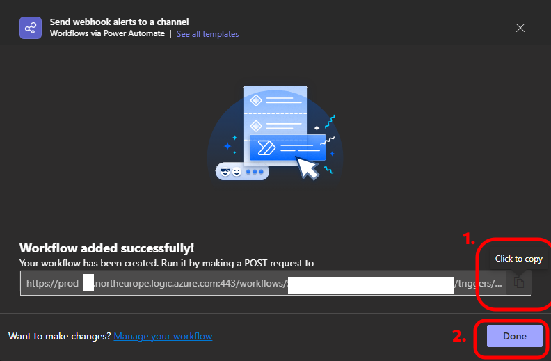 Copying the webhook URL Teams Step 6